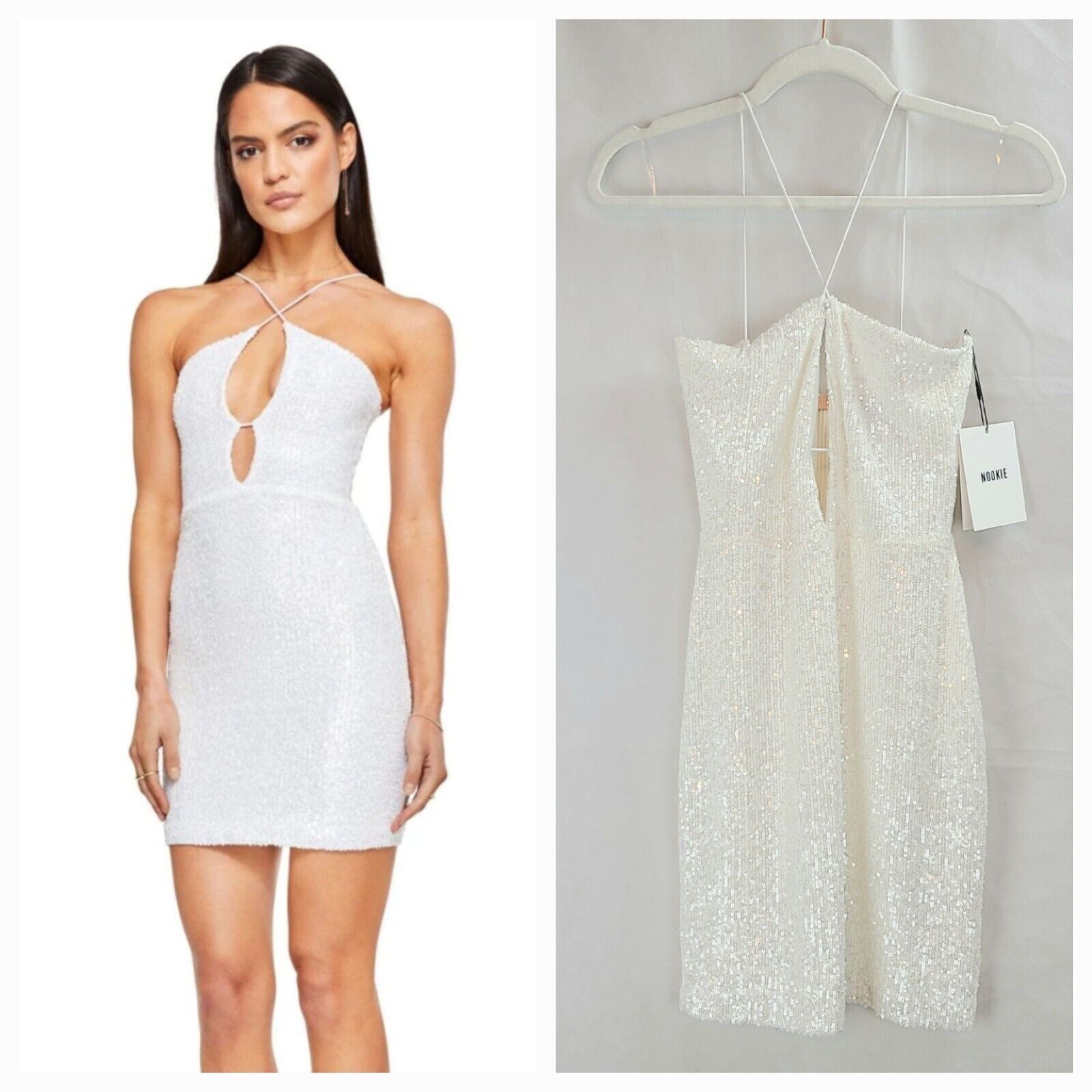 Nwt Nookie Supreme Mini Women's (L) White Sequin Spaghetti Strap Mini Dress-$279